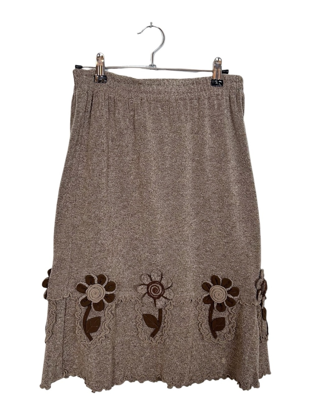 Retro Brown Floral Appliqué Twee Knit Skirt
